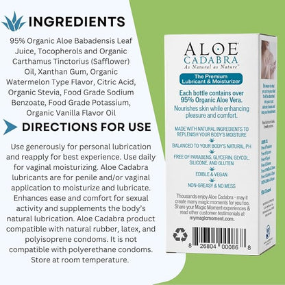 Aloe Cadabra Flavored Personal Lubricant and Vaginal Moisturizer, Organic Edible Aloe Lube for Men, Women and Couples, Non-Staining, pH Balanced, Toy Compatible (Watermelon, 2.5 Ounces, 1 Pack)