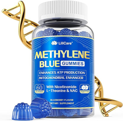 LILICARE Men's Methylene Blue Gummies 7mg, Methylene Blue for Humans Supplement w/NAC, VIT B3 & L-Theanine, Brain & Mitochondrial Support, Enhances Energy, Focus and Cognitive, Sugar Free, 60 Ct