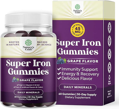 Extra Strength Iron Gummies for Women and Men - Potent 45mg per Serving Chewable Supplement for Women and Men with Vitamin C for Higher Absorption - Vegan Daily Iron Gummy No Artificial Flavors - 60Ct