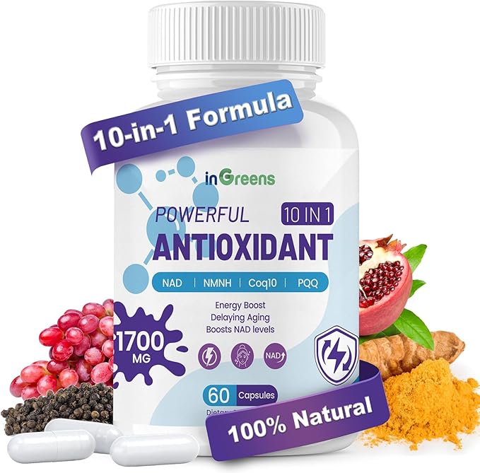 10-in-1 Antioxidants Supplement, 1700MG Super Antioxidant for Women and Men, Powerful Antioxidants with NAD, NMNH,Coq10, Resveratrol, Cell Repair & Reducing Free Radical Damage, 60 Capsules