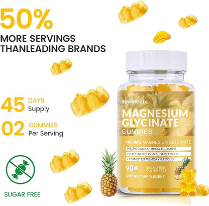Magnesium Glycinate Gummies 1000mg, Sugar Free Magnesium Potassium Supplements Chewable for Adults with L-Threonate for Sleep, Body Support and Relaxation,90 Pineapple Gummies