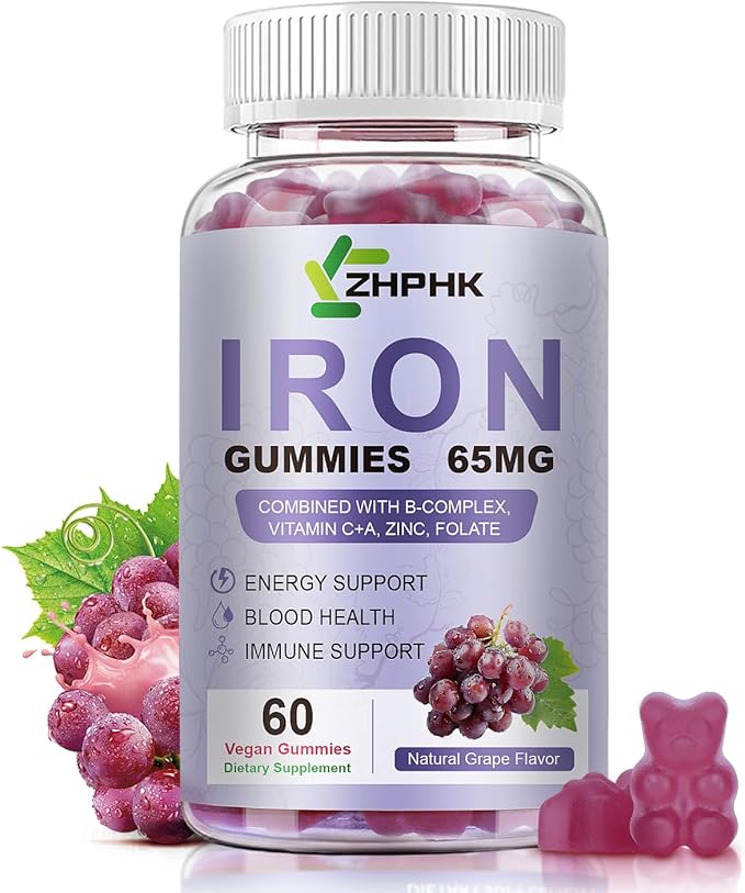 ZHPHK Iron Supplement for Women and Men, Grape Flavored Gummies 65mg and 250mg Vitamin C & Folate for Iron Deficiency and Anemia, Energy Support & Immune Health, 60 Count