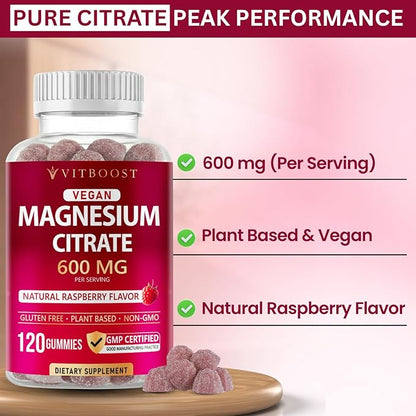 Vitboost Magnesium Citrate Gummies 600mg - 120 Count Vegan Magnesium Gummies for Relaxation & Muscle Support - Natural Raspberry Flavor - Non-GMO, Gluten Free, Plant Based