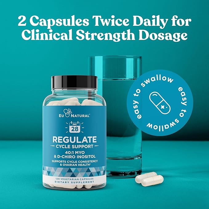 Regulate Cycle Support – Hormone Balance for Women at Optimal 40:1 Myo-Inositol 2000 mg & D-Chiro Inositol 50 mg – Supplement for Period Consistency, Menstrual & Ovulation Support – 120 Vegan Capsules