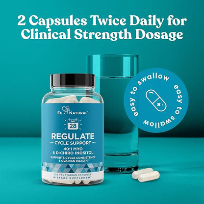 Regulate Cycle Support – Hormone Balance for Women at Optimal 40:1 Myo-Inositol 2000 mg & D-Chiro Inositol 50 mg – Supplement for Period Consistency, Menstrual & Ovulation Support – 120 Vegan Capsules