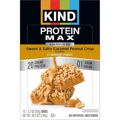KIND Protein MAX Sweet & Salty Caramel Peanut Crisp Snack Bars, Keto Friendly, 20g Protein, 12 Count