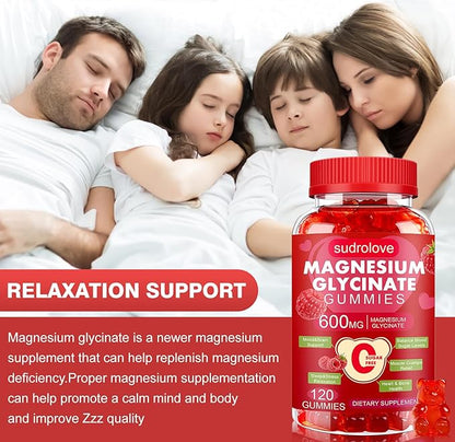 Magnesium Glycinate Gummies 600mg- Sugar Free Mg Potassium Supplement with Magnesium Glycinate, Vitamin D, B6 and CoQ10 for Calm Support & Sleep for Adults, 60 Days Supply ((Pack of 2), Raspberry)