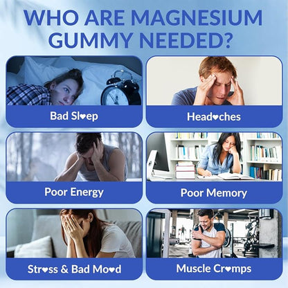 Sugar-Free Magnesium Glycinate Gummies with L-Threonate, Magnesium Supplements for Women and Men with Ashwagandha, L-Theanine, GABA, Vitamin C, B6