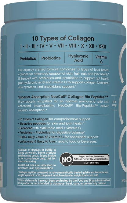 NeoCell Multi Collagen Bio-Peptides Powder | 10oz | Advanced with Hyaluronic Acid and Vitamin C | 10 Super Types of Collagen | Superior Absorption | Grassfed Protein Supplement