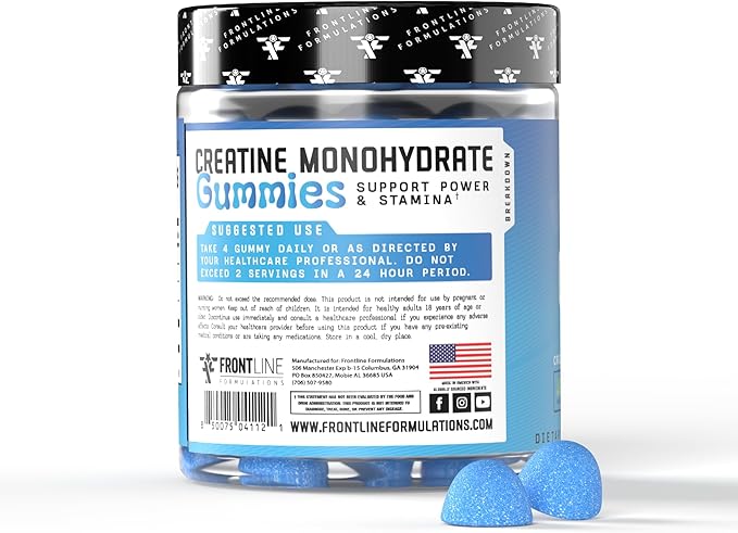Creatine Monohydrate Gummies, 5g Creatine per Serving, Sugar-Free Creatine Supplement for Strength, Lean Muscle & Cognitive Support, Sour Blue Razz, 120 Gummies