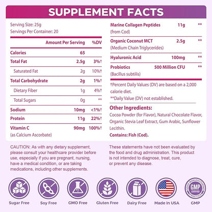 Collagen Protein Coffee Creamer Powder with Coconut MCT, Hyaluronic Acid, Vitamin C & Probiotics for Hair Skin and Nails, Gut Health, Non Dairy, Sugar Free, Keto, Chocolate, 17.64 Ounce (20 Servings)