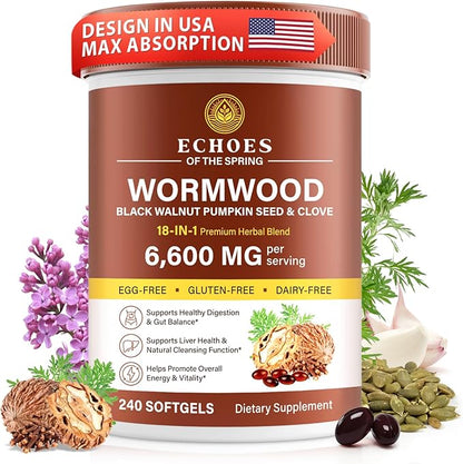 Wormwood Black Walnut Clove Cleanse for Humans – 18-in-1 Herbal Gut Health & Digestive Support Formula, 6600mg per Serving, 240 Softgels 80 Day Supply, with Pumpkin Seed, Garlic & Oregano