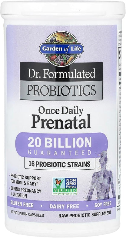 Garden of Life Dr. Formulated Probiotics Once Daily Prenatal - Acidophilus and Bifidobacteria Probiotic Support for Mom and Baby – Shelf Stable - Gluten, Dairy, and Soy-Free - 30 Vegetarian Capsules