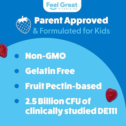 Feel Great USDA Organic Kids Probiotics Gummies | Chewable Strawberry Probiotics for Digestive Health & Immune Support | Plant Based Probiotic & Prebiotic for Kids | 30 Count