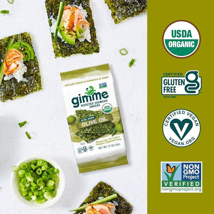 Gimme Seaweed Organic Premium Roasted Seaweed Snacks, Extra Virgin Olive Oil, 6 Count, Keto, Vegan, Gluten-Free, Great Source of Omega3s and Iodine, Healthy On-The-Go Snack for Kids and Adults