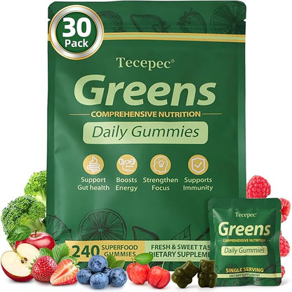 Greens Daily Gummies, Superfood Fruits and Veggies Blend with Spirulina, Chlorella, Prebiotics & Fiber, Adaptogens Multivitamin Supplement for Women & Men Digestive Health, Non-GMO, 240 Count