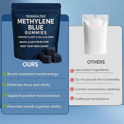 Methylene Blue Gummies, 5mg of Methylene Blue Per Gummy for Sustained Energy, Mental Clarity, Lifted Mood, Sharper Focus, 99.9% Pure, 30 Gummies Per Bag (1)