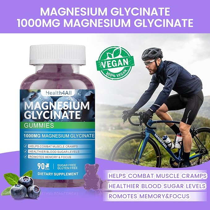 Magnesium Glycinate Gummies 1000mg, High Absorption Sugar Free Magnesium Potassium Supplement for Relaxation, Stress Relief, and Sleep Support for Adults & Kids - 180 Blueberry Gummies