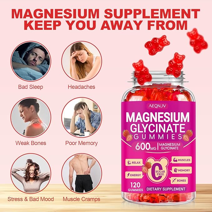 Magnesium Glycinate Gummies 600mg, Chewable Sugar Free Gummies with Magnesium Glycinate, Vitamin D, B6 and CoQ10 for Sleep, Relaxation, Brain and Muscle, 2 Pack