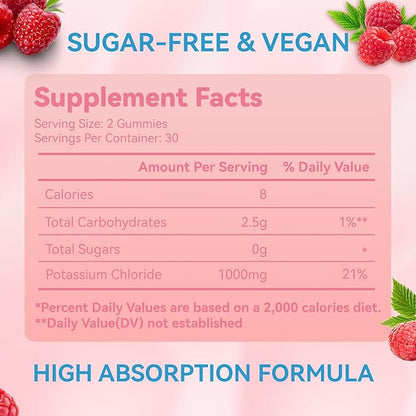 Potassium Gummies, Potassium Chloride 1000mg for Adults, Chewable Potassium Supplement for Women & Men, Support Leg Cramps & Muscle Health - Sugar Free, Vegan,60 Count