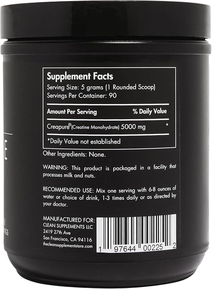 CLEAN Creatine - 100% Creapure® Creatine Monohydrate Powder for Muscle Health, Performance and Cognitive Support | 3rd Party Certified by NSF | 90 Servings | Unflavored | Vegan, Keto, and Gluten-Free