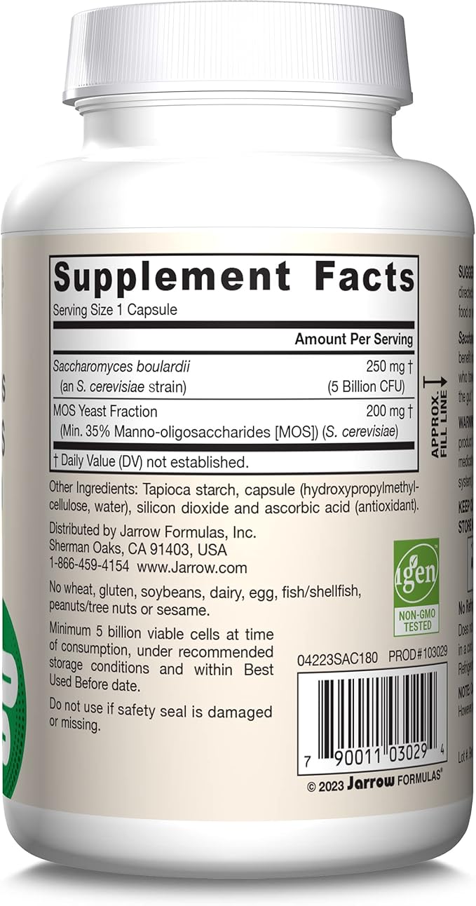 Jarrow Formulas Saccharomyces Boulardii+MOS Probiotics for Digestive Health & Intestinal Tract Support-5 Billion CFU Per Serving-180 Delayed Release Caps - Probiotic+Prebiotic-180 Servings,(Pack of 2)