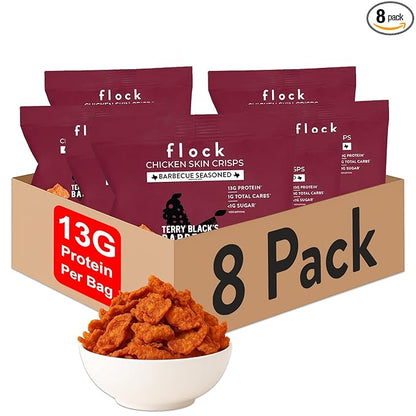 Flock Keto Chicken Skin Chips | Terry Black's BBQ Flavor | Low Carb, High Protein, Gluten-Free Chicken Crisps, Keto Snack, Low Carb Chips, Protein Crackers, Diet Snacks, 8-Pack (1oz)