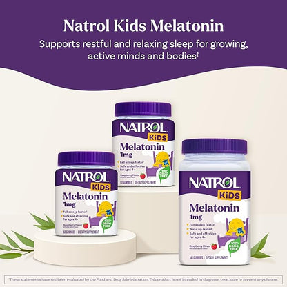 Natrol Kids Melatonin Gummies 1mg, Children's Melatonin for Restful Sleep, 60 Raspberry-Flavored Sleep Gummies, 60 Day Supply