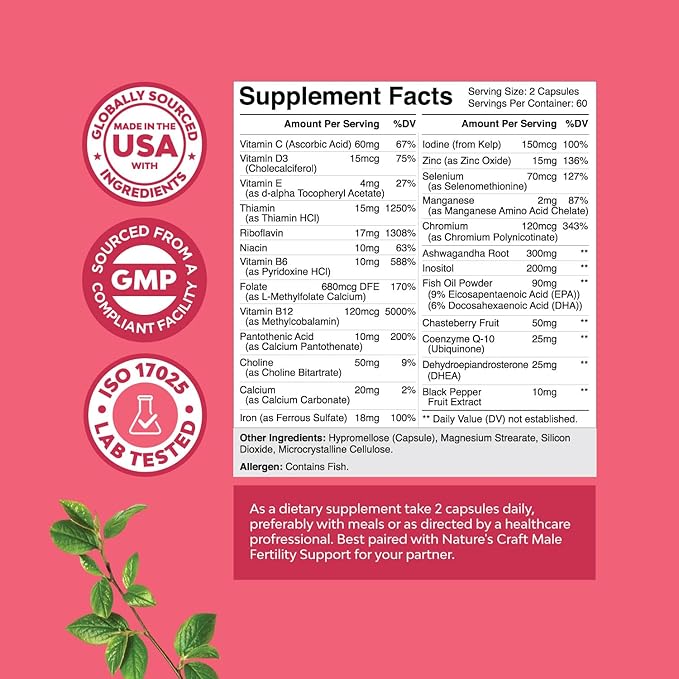 Female Fertility Supplement with Prenatal Multivitamins - Fertility Support with Prenatal Choline Inositol Folate Chasteberry and CoQ10 Fertility Blend for Women to Promote Conception - 120 Count