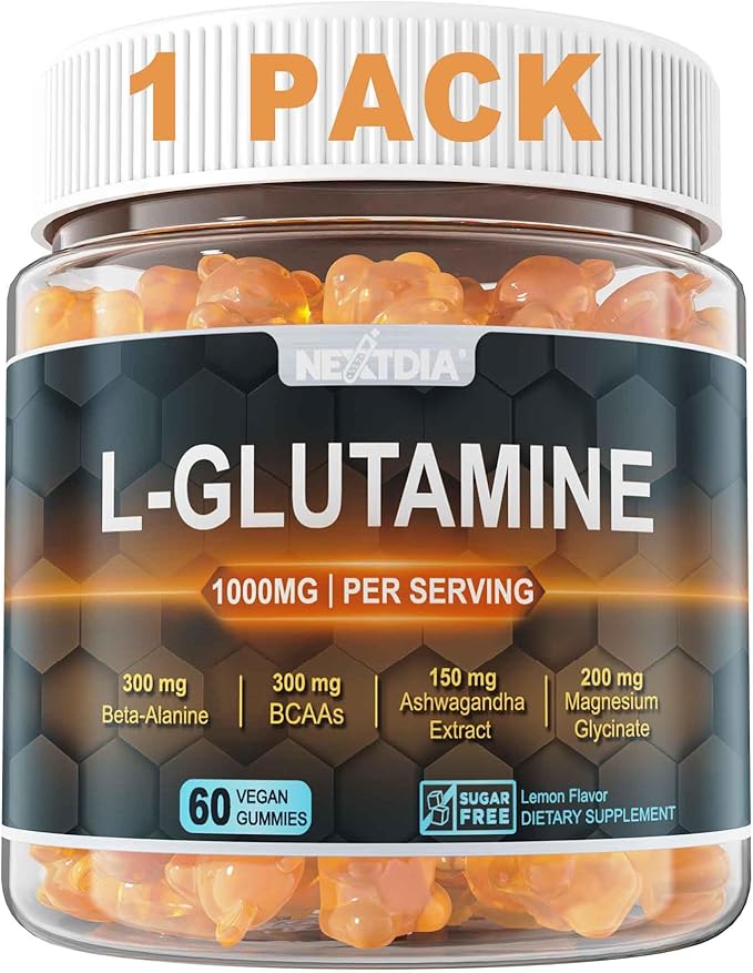 Nextdia L-Glutamine 1000mg Gummies for Women & Men| with Beta-Alanine, BCAAs, Magnesium Glycinate, Potassium & Ashwagandha | Vegan | Sugar-Free & Extra-Chewy | 60 Counts