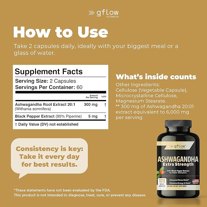 Ashwagandha Supplements for Women and Men | Sleep, Mood and Energy Support | Extra Strength, Vegan Friendly, Non-GMO, Made in USA - Pack of 3