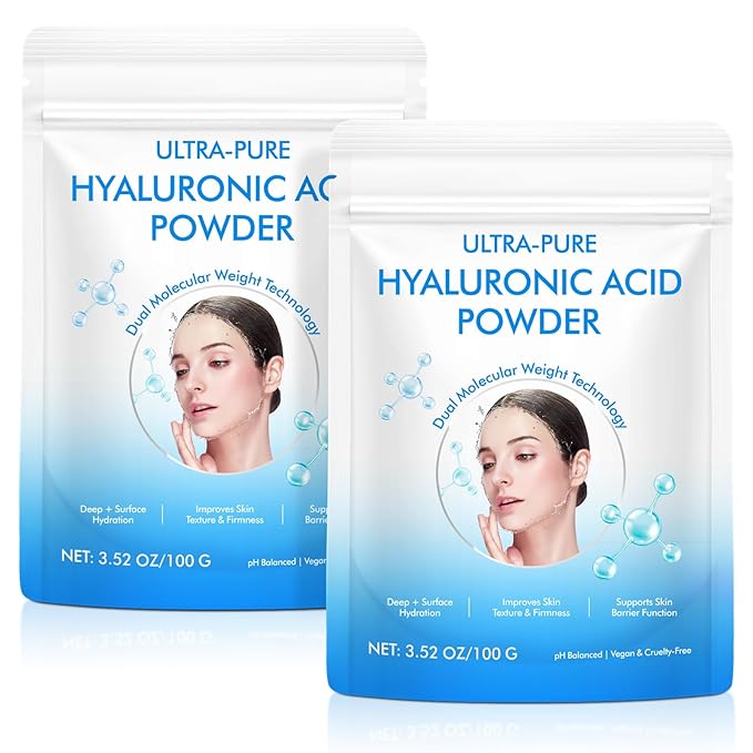 2pack Hyaluronic Acid Powder for Skin Face, Hyaluronic Acid Serum Powder, Low Molecular Weight, Cosmetics Grade,Natural Ingredient for Skincare,Skin Hydration Moisture Support Supplements,Facial Serum