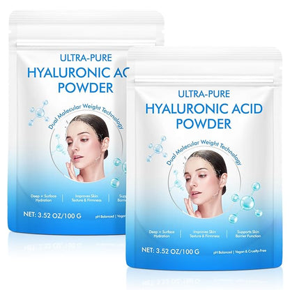 Hyaluronic Acid Serum Powder for Skin,Low and High Molecular Weight,Cosmetics Grade Skin Hydration and Moisture Support Supplements - Vegan, Water Soluble 200 Grams