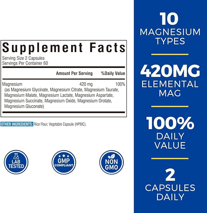 10 in 1 Magnesium Complex, 420mg Elemental Magnesium | Ultra Strength, Max Absorption | Chelated Magnesium Supplement for Nerves, Bone & Heart Health | Non-GMO, 120 Vegan Capsules