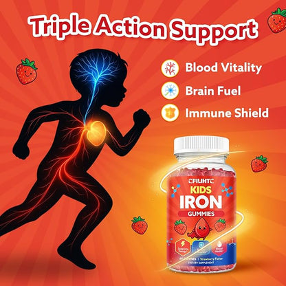 2PCS Iron Gummies for Kids & Teens, Kids Multivitamin with Iron Supplement, Calcium, Folate, Zinc, Prebiotic - for Blood Builder & Energy Support, Iron Deficiency - Vegan & Non-GMO - 120 Count