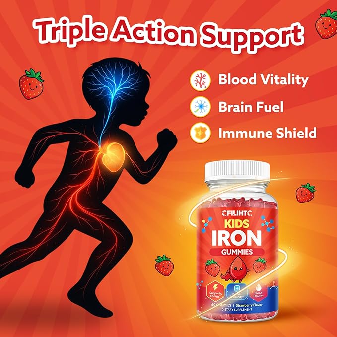 Iron Gummies for Kids & Teens, Kids Multivitamin with Iron Supplement, Calcium, Folate, Zinc, Prebiotic - for Blood Builder & Energy Support, Iron Deficiency - Vegan & Non-GMO - 60 Count Strawberry