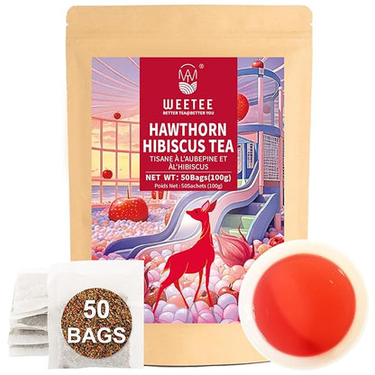 WT WEETEE Hawthorn Hibiscus Tea Bags 50 Count, Pure Made of Hibiscus, Hawthorn Berries & Leaves, Natural Caffeine-free Herbal Tea for Heart