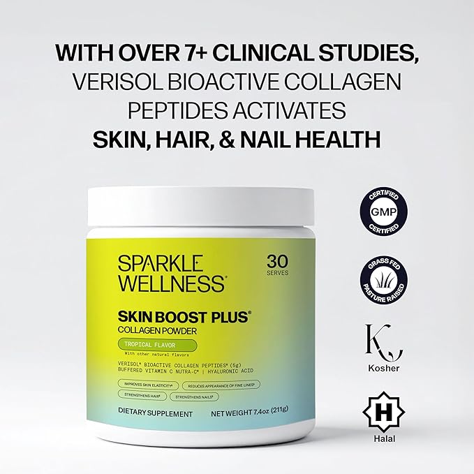 Sparkle Wellness VERISOL Bioactive Hydrolyzed Collagen Peptides | Collagen Powder Supplement with Vitamin C & Hyaluronic Acid for Hair, Skin, and Nail Health | Skin Boost Plus (Tropical) [30-Serves]