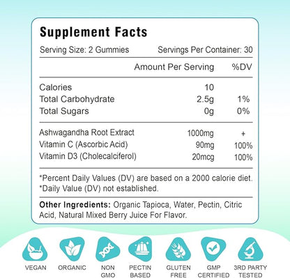 2 Pack Ashwagandha Gummies with Vitamin D for Women & Men, Sugar Free Vegan 1000MG Ashwagandha Supplement Gummy & Vitamin C, 120 Count
