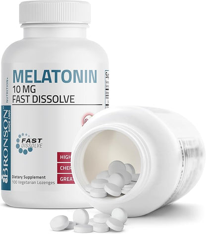 Bronson Melatonin 10mg Fast Dissolve Cherry Flavored Tablets Vegetarian Chewable Lozenges, 100 Count