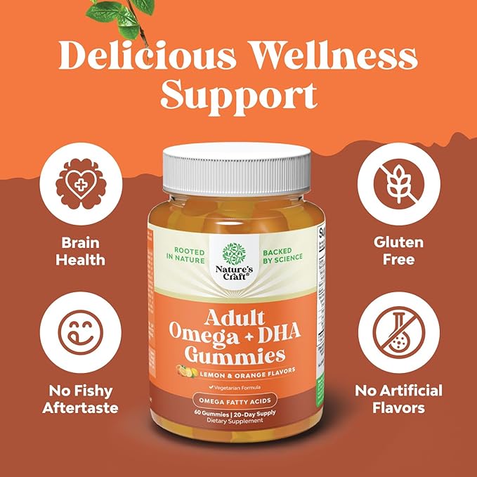 Omega 3 Gummies for Adults - Vegetarian Omega 3 6 9 DHA Gummies for Brain Bone and Heart Health and Joint Support - Burpless Fish Free Plant Based Supplement Men Women - 60 Count