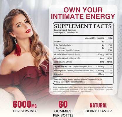 Libido Booster for Women with 1500mg Maca & 1000mg Ashwagandha, Vitamin D & B6, for Energy, Mood - Strongest Female Libido Booster + Hormone Balance for Women Cortisol Reducer | 0 Sugar, 60 Gummies