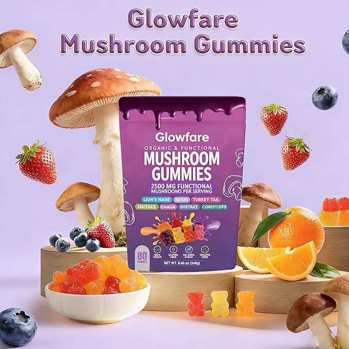 Mushroom Gummies, Organic & Functional Mushroom Gummies, Glow Fare Mushroom Gummies, Supplement for ImmuneDefense, Immune, Boosts Cognitive Performance and Energy, 80 Gummies (1PCS)