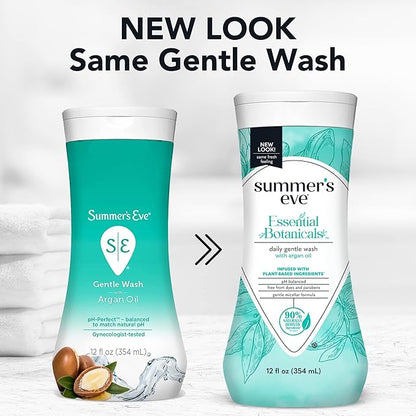 Summer's Eve Essential Botanicals All-Over Daily Feminine Wash with Argan Oil, Gentle pH-Balanced Body Wash for Women, Removes Vaginal Odor and Refreshes, 12 Fl Oz (Pack of 2)