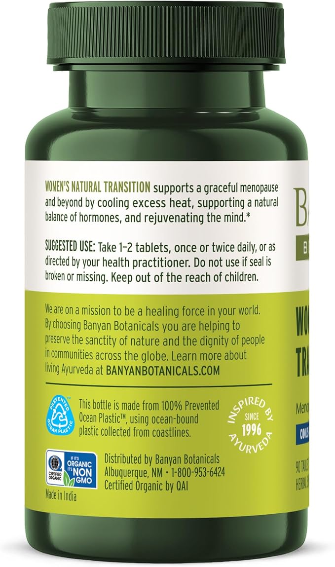 Banyan Botanicals Organic Women’s Natural Transition – Hot Flash & Night Sweats Relief – Cooling Support for Perimenopause & Menopause – with Shatavari & Ashwagandha – 90 Tablets – USDA Organic*