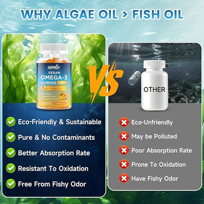 2 Pack Vegan Omega 3 Gummies 1000MG Algal Oil Omega 3 Supplement for Adults with Algae DHA 600mg & EPA 300mg Fish Oil Alternative - for Eye & Immune Health, Orange Flavor, 120 Count