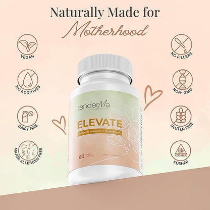 Elevate Lactation Supplement, Natural Lactation Support for Breastfeeding, Breast Milk Supply Increase, Fenugreek, Moringa, Thistle Alfalfa, Fennel, Vegan, Non-GMO, 60 Capsules