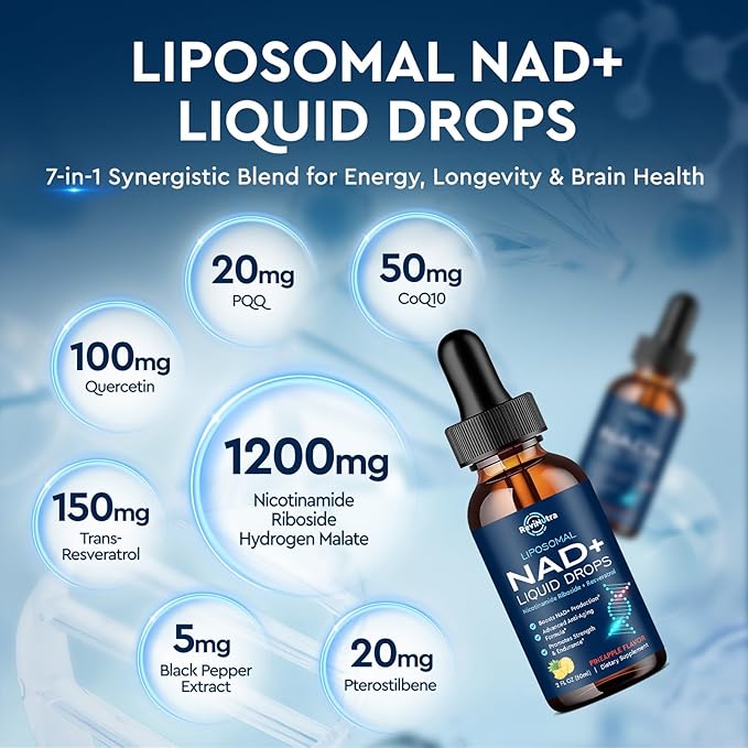Liposomal NAD Supplement - 1200mg NAD+ Liquid Drops for Women & Men, Nicotinamide Riboside with Resveratrol, PQQ, CoQ10, Quercetin for Anti-Aging, Brain & Cellular Mitochondrial, Pineapple 4 Fl Oz