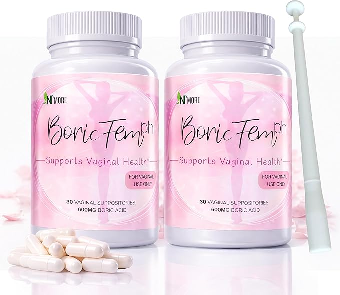 N'More Boric Acid Vaginal Suppositories with Applicator - 100% Pure Made in USA - Boricfem Support Vaginal Health (One) (60 Count (2 Pack), Boric Acid Suppositories)