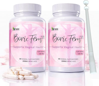 N'More Boric Acid Vaginal Suppositories with Applicator - 100% Pure Made in USA - Boricfem Support Vaginal Health (One) (60 Count (2 Pack), Boric Acid Suppositories)